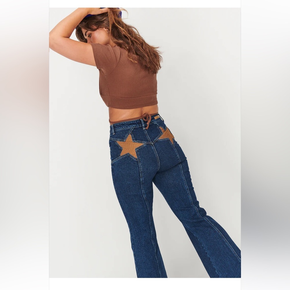 Ghanda Denim Stargazer High waisted Flare Leg Medium Wash Jeans Size AU 8/ US 4